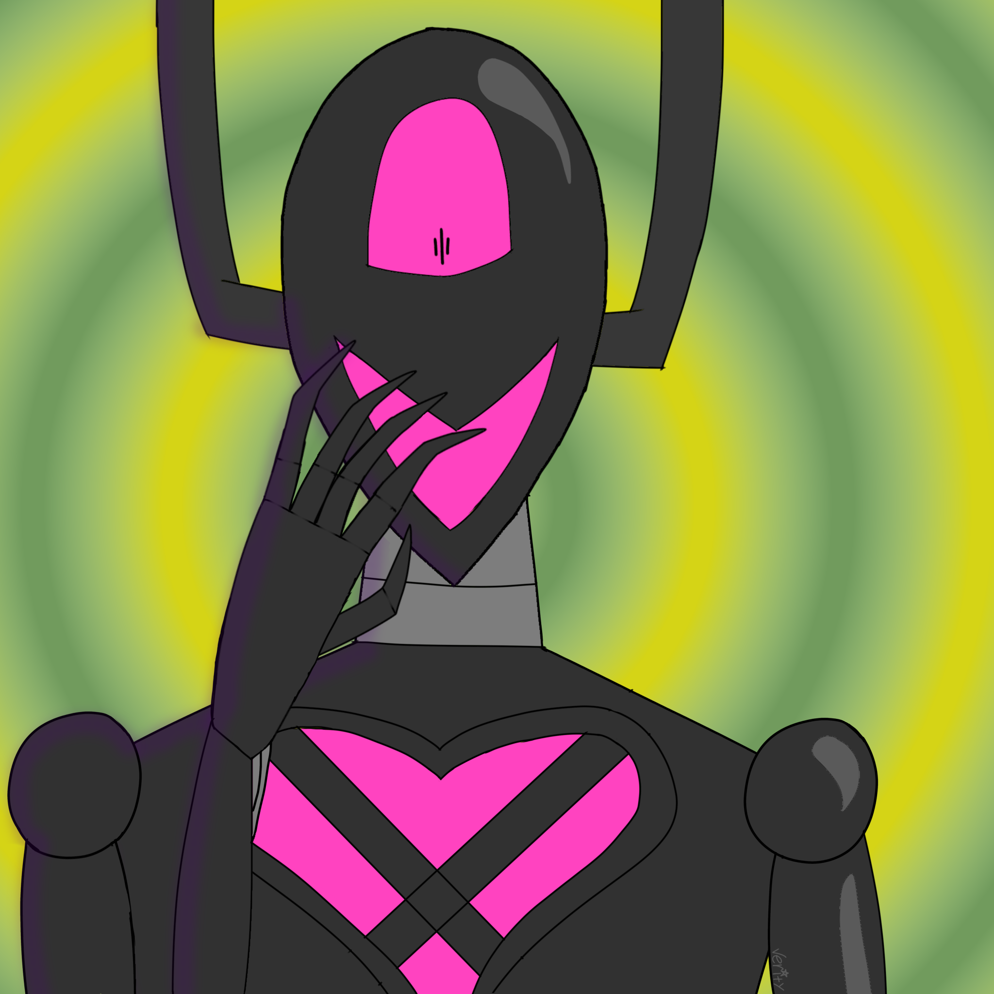 Art of my original character, Asbestos. They are a black robot with a large pink eye, mouth, and heart incision in their chest. They also have a black square metal halo.