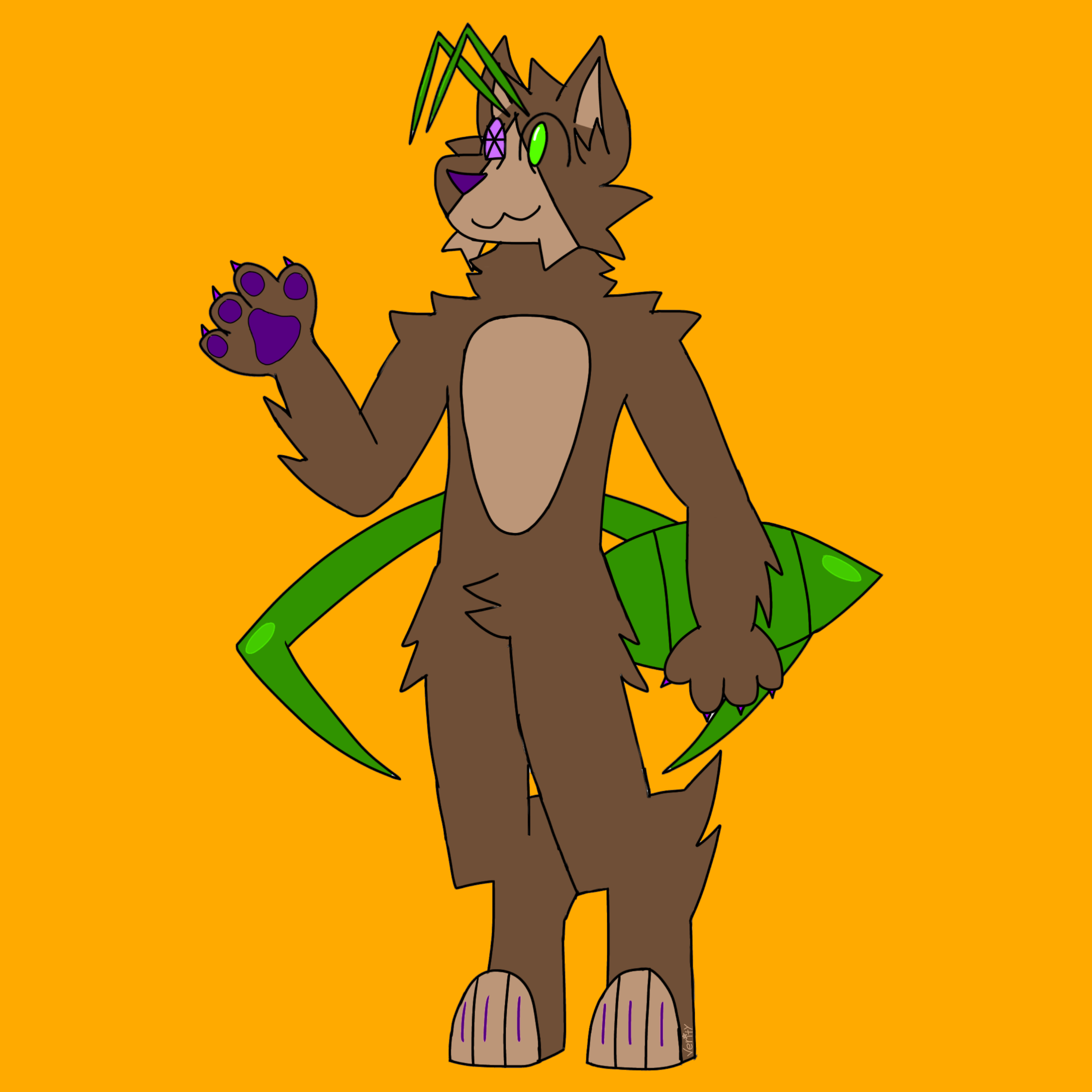 Art of my original character, Verity Stars. They are a brown anthropomorphic dog with one purple eye, one green eye, and purple claws. He also has two green weaver ant arms and a green weaver ant tails in addition to his dog arms and legs.